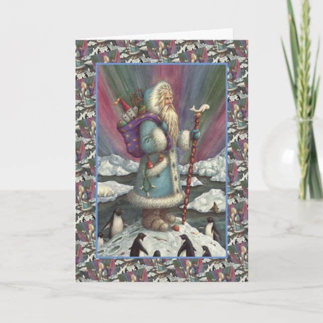 Cartão De Festividades AZUL, LUZES DE NORTE E PINGUINS Verso (Frente)