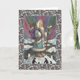 Cartão De Festividades AZUL, LUZES DE NORTE E PINGUINS Verso