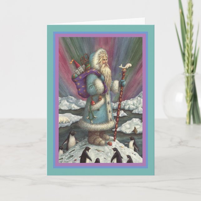 Cartão De Festividades AZUL, LUZES DE NORTE E PINGUINS Verso (Frente)