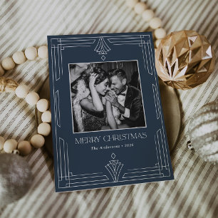 Cartão De Festividades Azul Marinho Art Deco Moderno Natal com Foto
