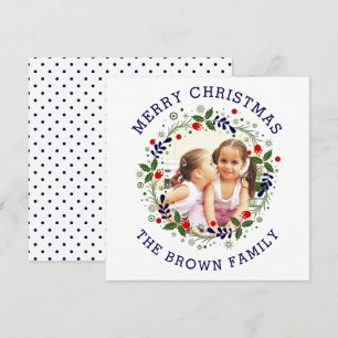 Cartão De Festividades Azul marinho Feliz Natal, foto de grinalda floral