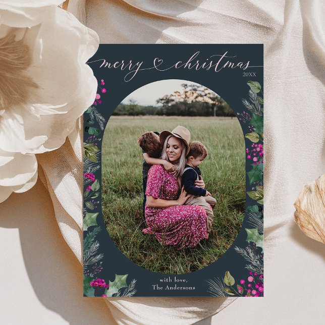 Cartão De Festividades Azul Moderno Botânico de inverno 1 Foto de Natal (Criador carregado)