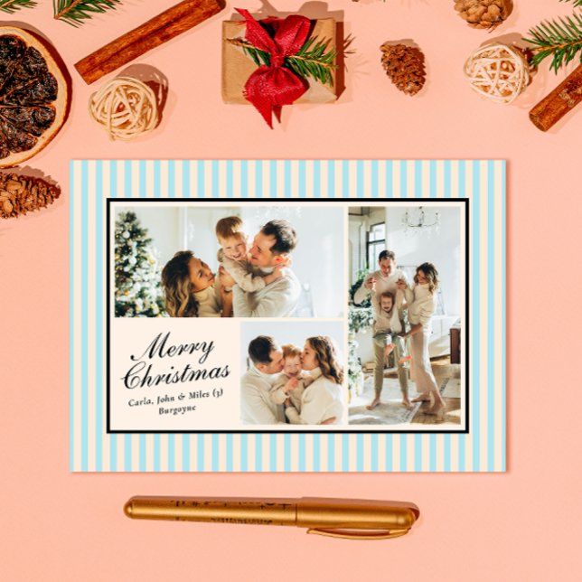 Cartão De Festividades Azul Moderno - Greve Vertical 3 Foto Natal (Criador carregado)