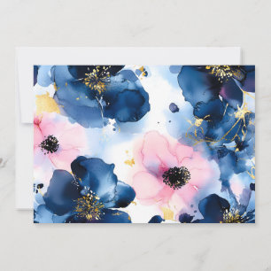 Cartão De Festividades Azul Naval Bege Rosa Dourado Floral Aquarela