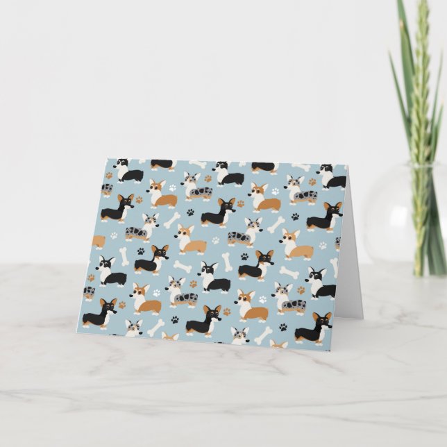 Cartão De Festividades Azul Padrão Corgi (Frente)