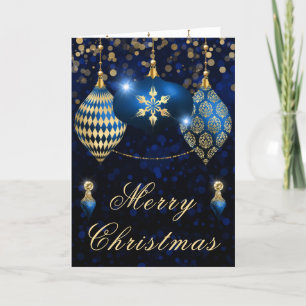 Cartão De Festividades Azul Real & Dourado Glitter Bolas de Natal