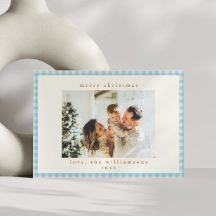 Cartão De Festividades Azul Vintage Xadrez Ginga Foto Personalizada Natal