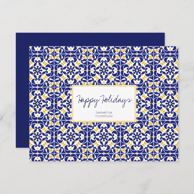 Cartão De Festividades Azulejos mediterrânicos Padrão Azul e Amarelo (Frente/Verso)
