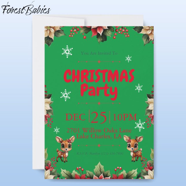 Cartão De Festividades Baby Deer, Fawn, Doce, Reindeer Floral 🦌 🎄 Verde (Cute Baby Floral Deer, Fawn, Doe Lover, Reindeer Antlers, Snowflake Pattern, Green Invitation 🦌 🎄)