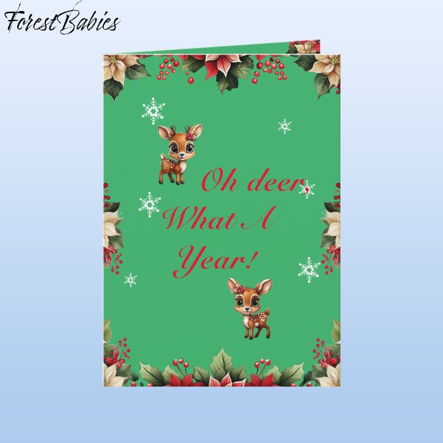 Cartão De Festividades Baby Deer, Fawn, Doce, Reindeer Floral 🦌 🎄 Verde (ForestBabies Floral Baby Deer, Fawn, Doe, Reindeer Antler Lover, Poinsettia, Green Holiday Card 🦌🎄)