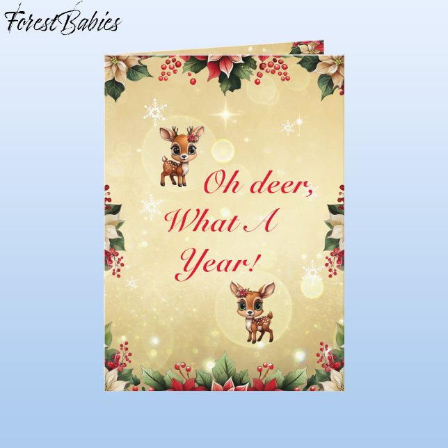 Cartão De Festividades Baby Deer, Fawn, Doe, Reindeer Floral 🦌 🎄 Dourad (ForestBabies Floral Baby Deer, Fawn, Doe, Reindeer Antler Lover, Gold Poinsettia Holiday Card 🦌🎄)