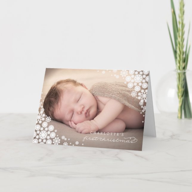Cartão De Festividades Baby First Christmas Winter Snowflakes Photo Birth (Frente)