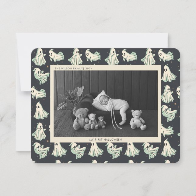 Cartão De Festividades Baby First Halloween Spooky Foto para Bebê (Frente)