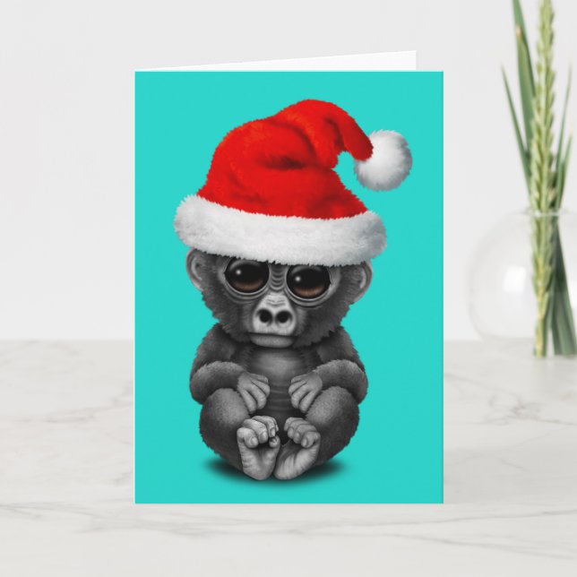 Cartão De Festividades Baby Gorilla Vestindo um Papai Noel (Frente)