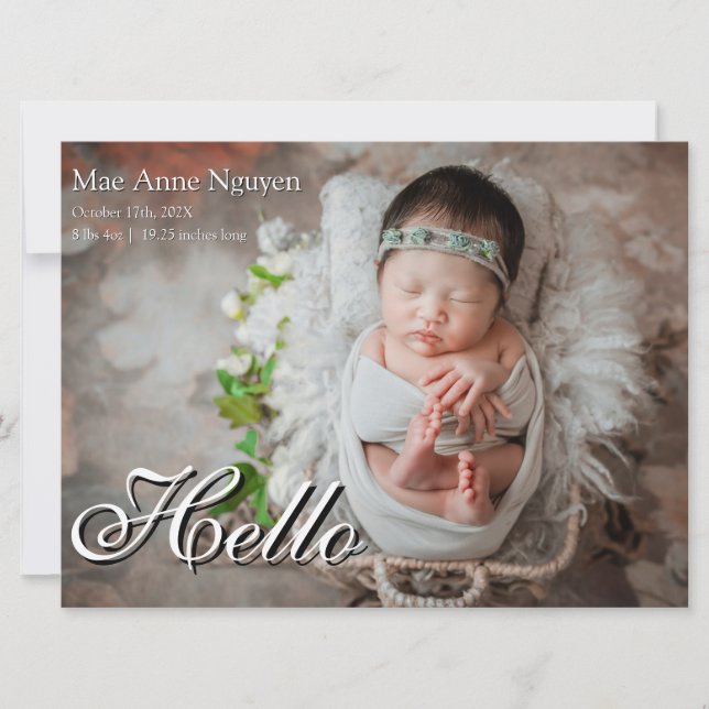 Cartão De Festividades Baby Photo Modern Birth Announcement Black & White (Frente)