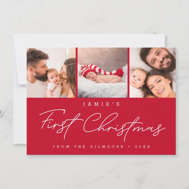 Cartão De Festividades Baby’s First Christmas 3 Photo Collage Script RED (Frente)