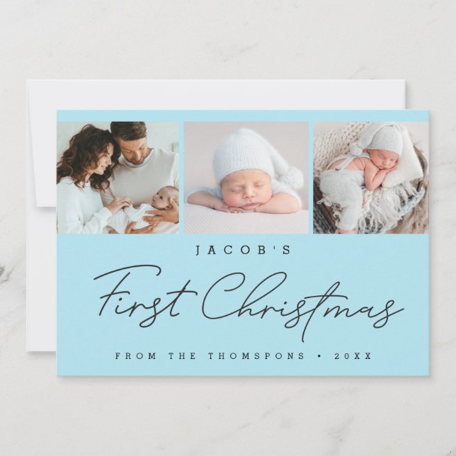 Cartão De Festividades Baby’s First Christmas Blue Photo Collage Modern (Frente)