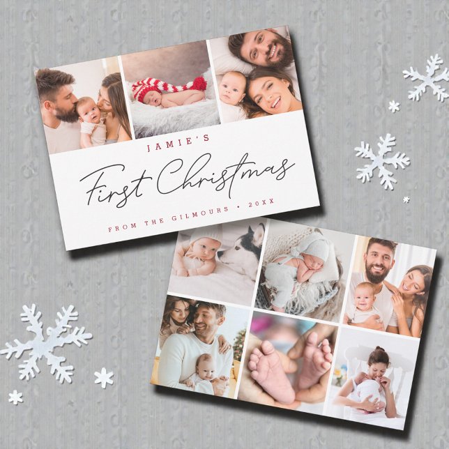 Cartão De Festividades Baby’s First Christmas Multiple Photos Holiday (Multiple photos baby's first christmas modern script and design. )
