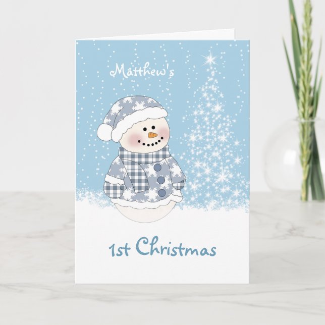 Cartão De Festividades Baby snowman, tree with snow 1st Christmas (Frente)