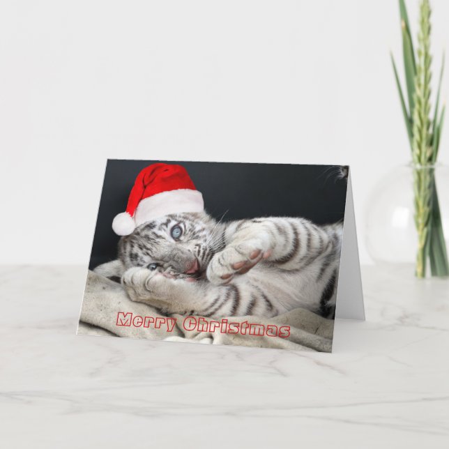 Cartão De Festividades baby white bengal tiger with christmas hat (Frente)
