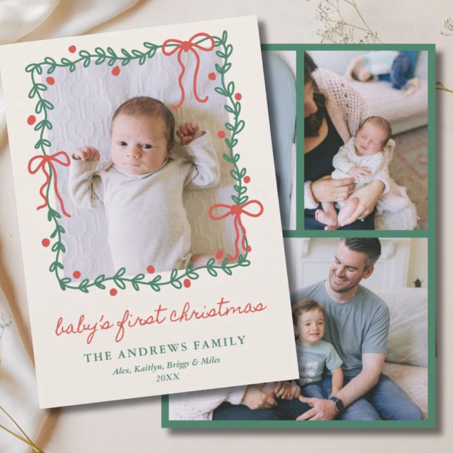 Cartão De Festividades Baby's 1st Christmas Red Bows Greenery 4 Photo (Baby's 1st Christmas Red Bows Greenery 4 Photo Holiday Card
)