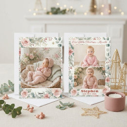 Cartão De Festividades Baby's Christmas Blush Pink Florals Photo Collage 