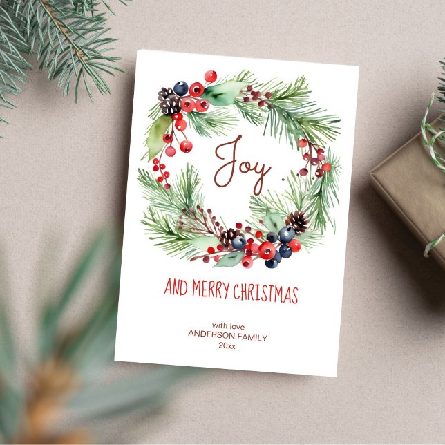 Cartão De Festividades Bagas de inverno, frutos de casca rija (Christmas greeting winter berries pine wreath template invitation instant download)