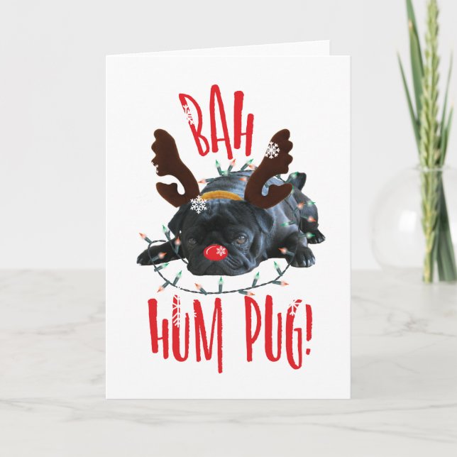 Cartão De Festividades Bah Hum Pug Black Pug Reindeer De Natal (Frente)