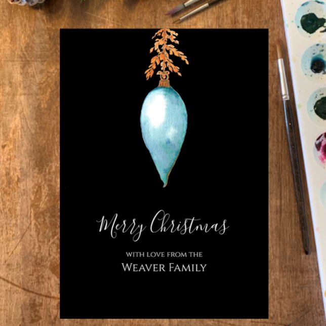 Cartão De Festividades Balança de Natal Simples com Cor Azul Única (Customize this unique hand painted watercolor Christmas card with botanical modern stylish bauble)