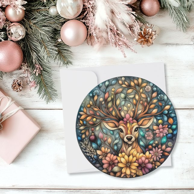 Cartão De Festividades Balança Personalizável de Reprodução Whimsical (Whimsical Reindeer Customizable Round Holiday Card)