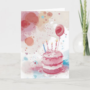 Cartão De Festividades Balão de Aquarela de Bolo Rosa
