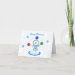 Cartão De Festividades Balls in the Air Snowman<br><div class="desc">Delightful little snowman juggling colorful balls,  can he keep them all in the air? A fun holiday Christmas design.</div>