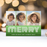 Cartão De Festividades Bandas Retro em Verde Oleícola - Feliz 3 Foto<br><div class="desc">Frente - design de Natal não convencional com uma vibração de 70 anos. Um padrão de faixas retrorreflectoras em tons de verde-oliva com um tipo de funk para a saudação familiar. Voltar - Arte da Linha Retroativa em tons de verde — Se você precisar mover algo ao redor, clique no...</div>