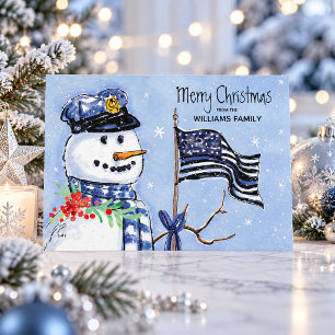 Cartão De Festividades Bandeira da Linha Azul Fina da Polícia Feliz Natal