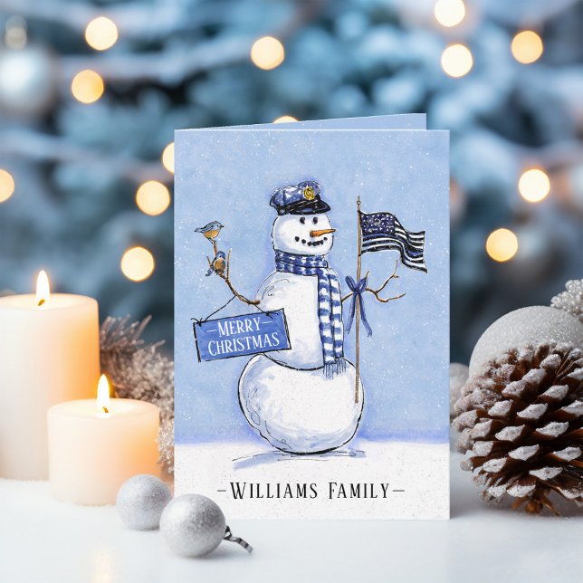 Cartão De Festividades Bandeira da Linha Azul Fina da Polícia Feliz Natal (Thin Blue Line Flag Snowman Police Officer Custom Family Name Merry Christmas Card.)