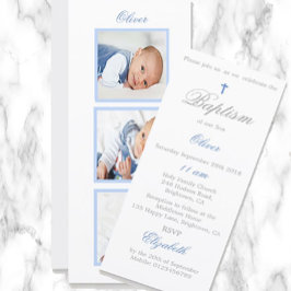 Cartão De Festividades Baptism | Christening Photo Baby Blue Invitation