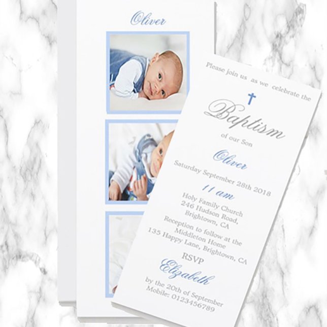 Cartão De Festividades Baptism | Christening  Photo Baby Blue Invitation (Criador carregado)