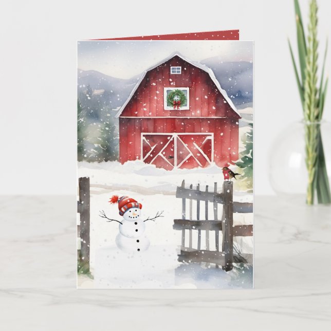 Cartão De Festividades Barn de Natal Aquarela com Neve (Frente)