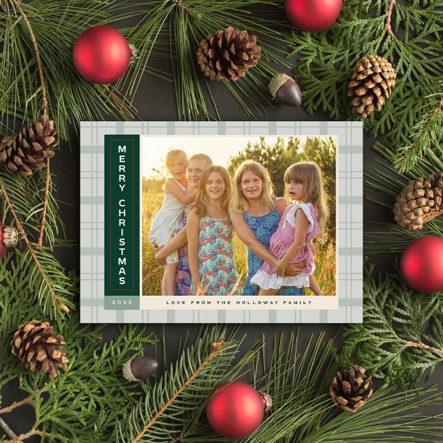 Cartão De Festividades Barra Lateral Xadrez Sage (Sage Green Plaid Sidebar Photo Holiday Card)