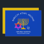 Cartão De Festividades BARUCH ATAH ADONAI | Abençoações de Chanucá<br><div class="desc">Na moda, adorno elegante para o seu decor HANUKKAH. Design mostra um MENORAH dourado com uma ESTRELA multicolorido DE DAVID e cinza prateada DREIDEL. No topo, há um texto curvo que diz BARUCH ATAH, ADONAI (Abençoado seja você, Ó Deus) e abaixo do texto lê HANUKKAH BLESSINGS FROM OUR HOME TO...</div>