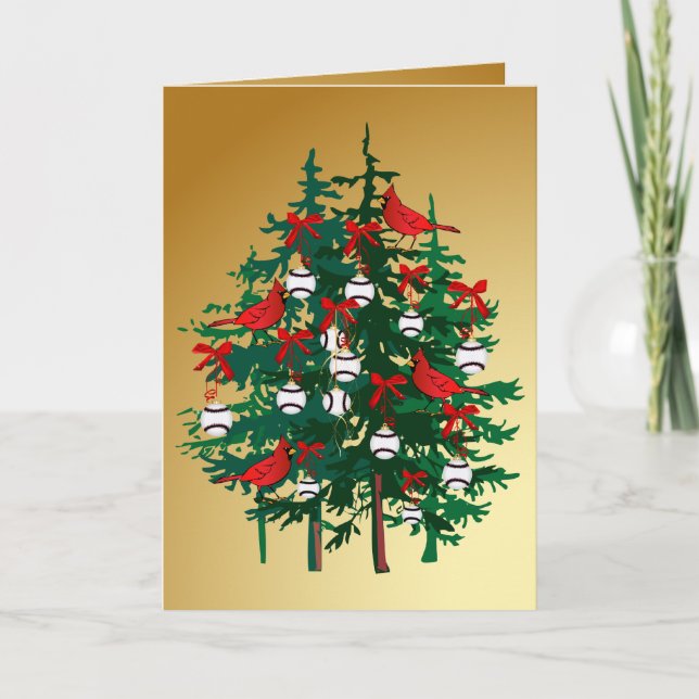 Cartão De Festividades Baseball Christmas Tree with Red Birds (Frente)