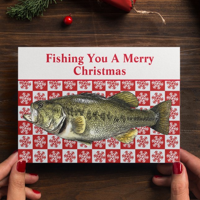 Cartão De Festividades Bass de Largemouth Engraçado Pesca Personalizado (A largemouth bass fishing Christmas card with a cute pun. Fishing you a Merry Christmas.)