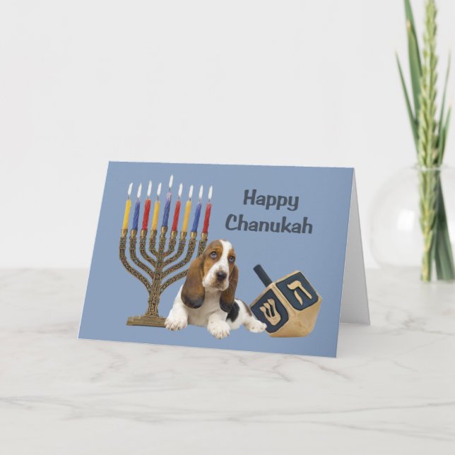 Cartão De Festividades Basset Hound Chanukah Card Menorah Dreidel (Frente)