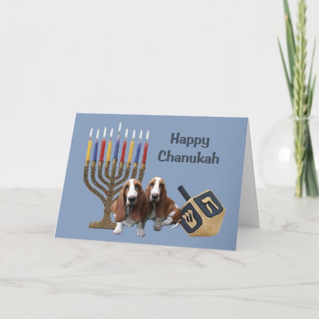 Cartão De Festividades Basset Hound Chanukah Card Menorah Dreidel (Frente)