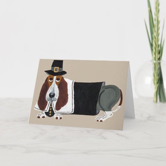 Cartão De Festividades Basset Hound Thanksgiving Pilgrim (Frente)
