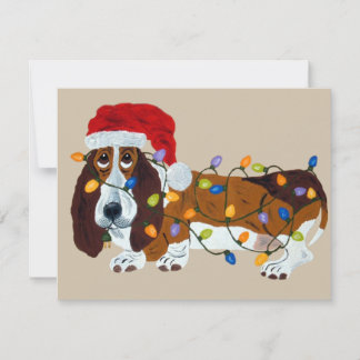 Cartão De Festividades Basset Tangled In Christmas Lights
