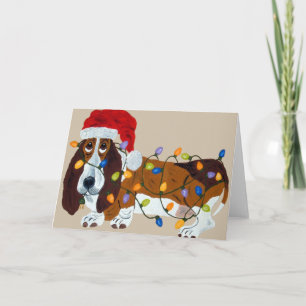 Cartão De Festividades Basset Tangled In Christmas Lights