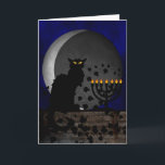 Cartão De Festividades Bate-papo Chanukah Noir<br><div class="desc">Uma silhueta do gato preto de Théophile Steinlen para o clube de Le Conversa Noir em um ajuste moderno para Chanukah que caracteriza o gato preto com um menorah iluminado e waning moon.</div>