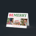 Cartão De Festividades Be Merry | 3 Photo Collage Editable Colors Folded<br><div class="desc">Affordable custom printed holiday photo cards with a simple template for customization. This cute festive design features bold BE MERRY typography in green and red colors. The greeting below reads "Happy holidays from our family to yours". Personalize it with 3 family photos, your names and the year. Add your custom...</div>