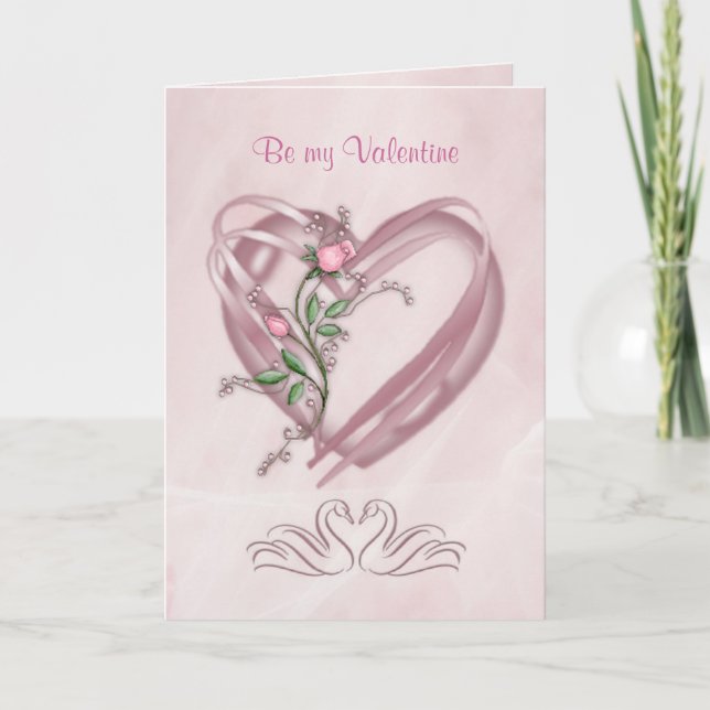 Cartão De Festividades Be my Valentine Card with hearts, rose and swans (Frente)